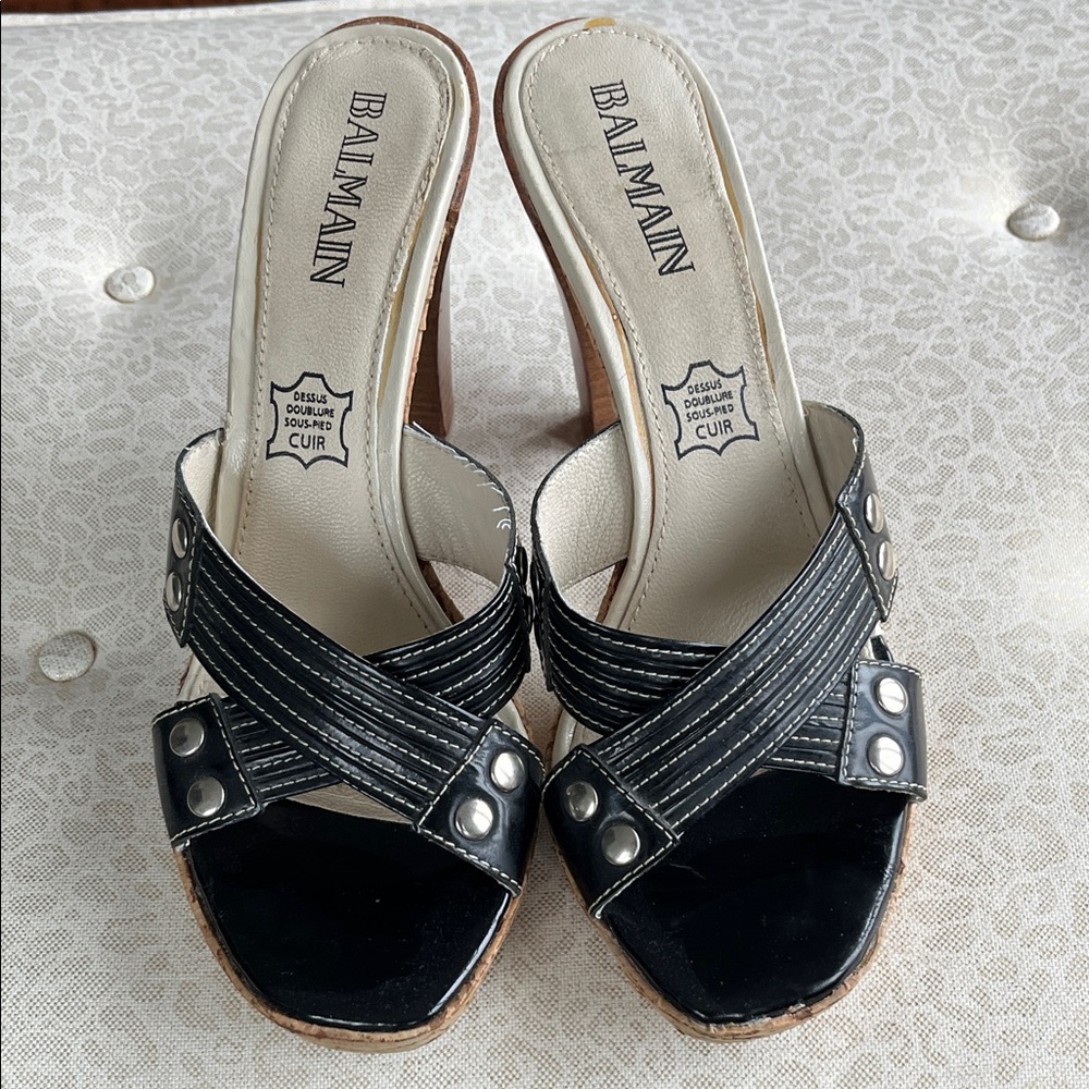Balmain Black Leather Cork Platform Heels – Size 38 (US 7.5–8)